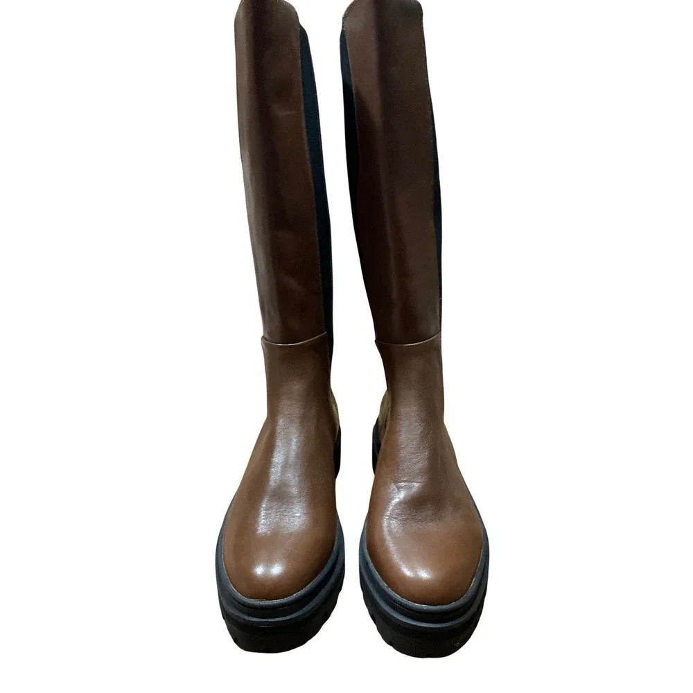 Madewell Brown Leather Lugsole Knee High Chelsea Boots Size 8 Lug Sole Platform